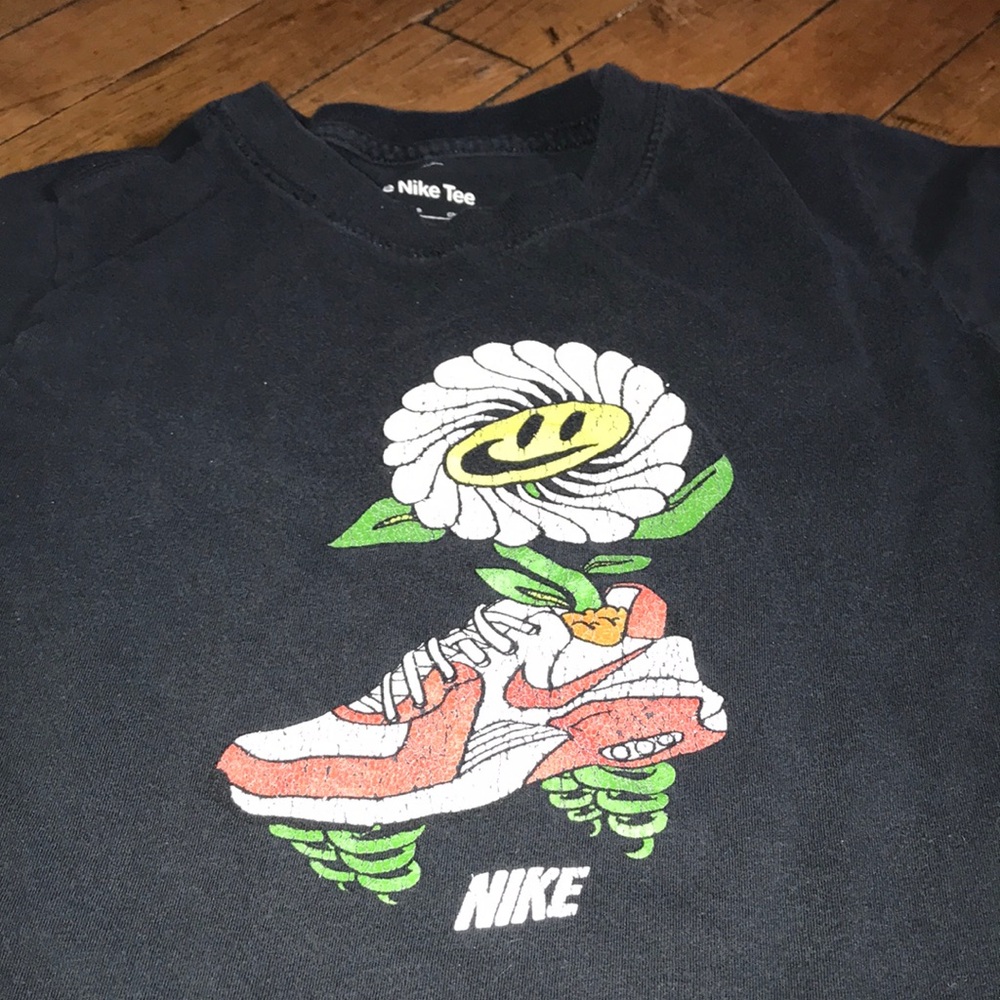 Nike Black Kids Tee with Red Sneaker & Green Flower Graphic - Picture 3 of 4